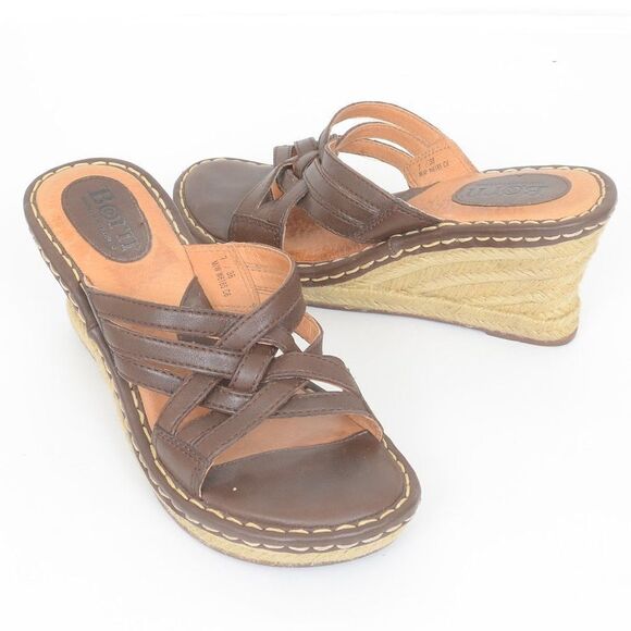 BORN Espadrille Wrapped Wedge Slides Brown Women's Sandals - Picture 1 of 4